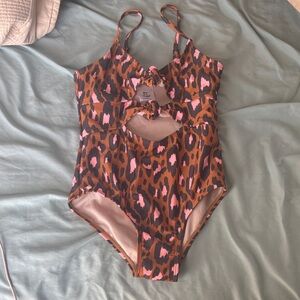Art Class Kids Swim One Piece - Brown and Pink Leopard Print